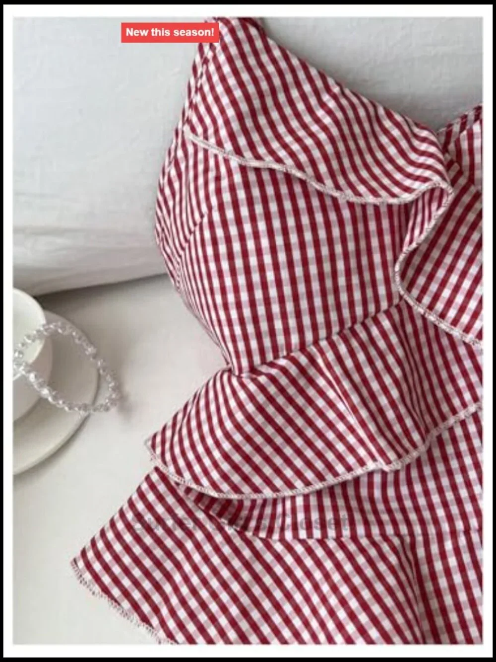 Gingham Print Spaghetti Strap Cami Top Ruffle Hem Peplum Sleeveless V-Neck